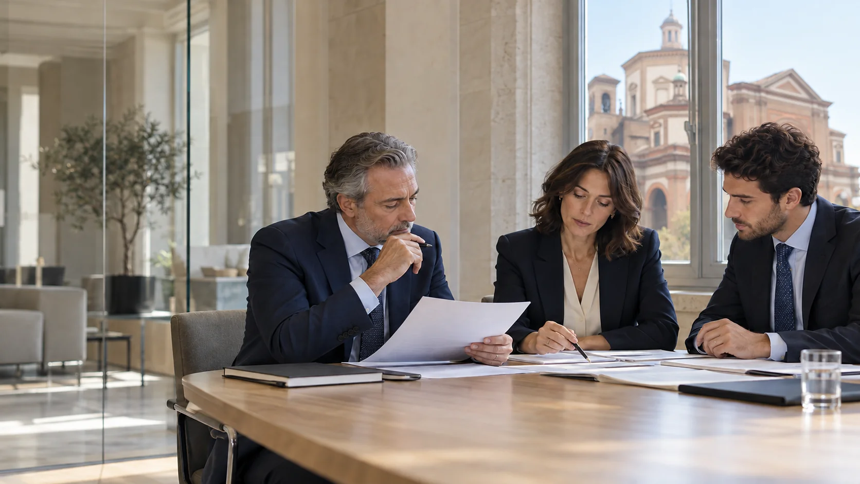 Professionisti riuniti attorno a un tavolo, con il Duomo di Voghera sullo sfondo.