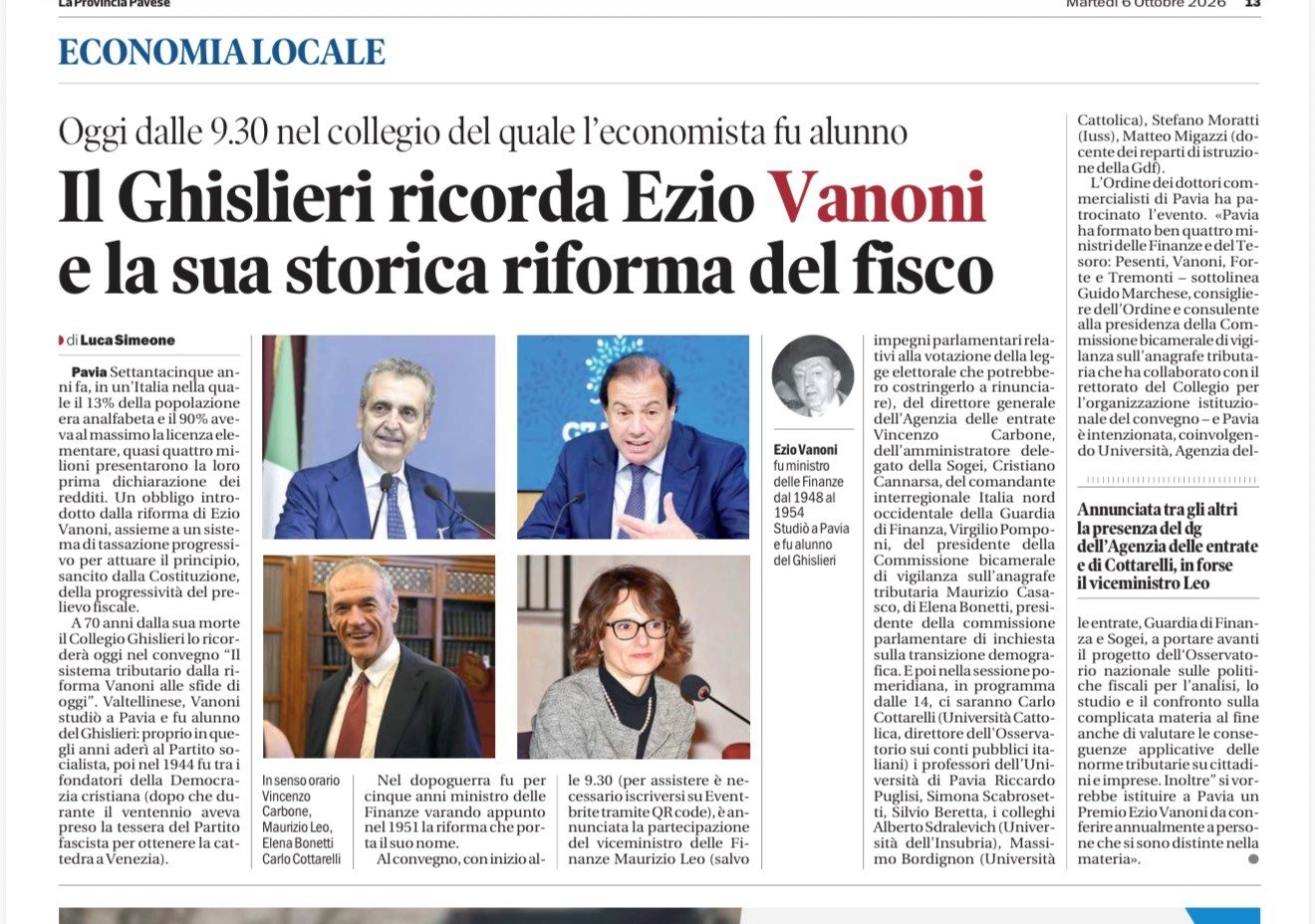 Articolo del 6 ottobre 2026 sul convegno del Collegio Ghislieri dedicato a Ezio Vanoni.