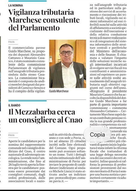 Articolo della stampa locale sulla nomina a consulente della Presidenza della Commissione parlamentare